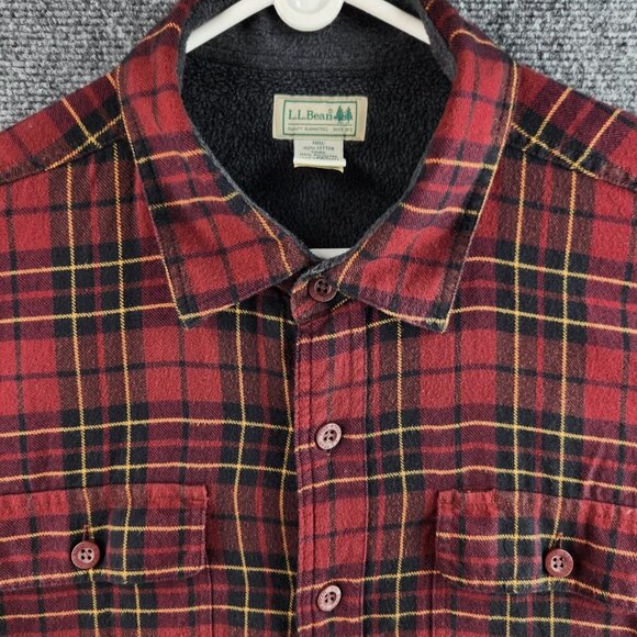 LL Bean Fleece Lined Flannel Button Up Shirt Jacket Shacket LG Red Plaid 0GLR6 - Picture 1 of 16
